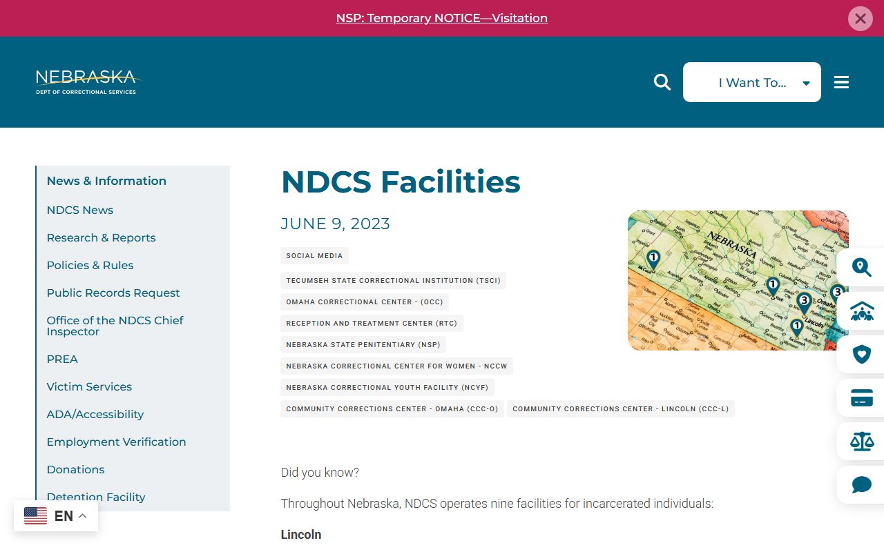 Dawes County inmate population and NDCS statewide correctional facilities list