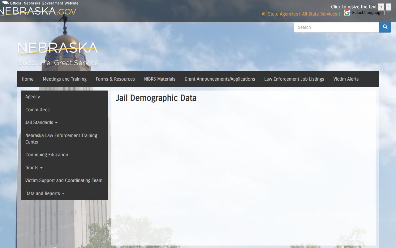 Dawes County inmate population data on the Nebraska Crime Commission jail demographic dashboard
